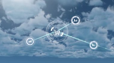 Arkadaki mavi gökyüzünden geçen bulutların üzerinde hareket eden bağlantılar ve simgeler ağının canlandırılması. 