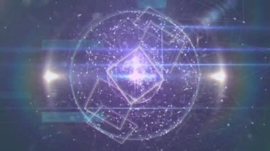 Animation of outlines of geometric shapes moving with rainbow colored halo on flickering spots of light and globe spinning in the background. Seamless loop of digital motion.