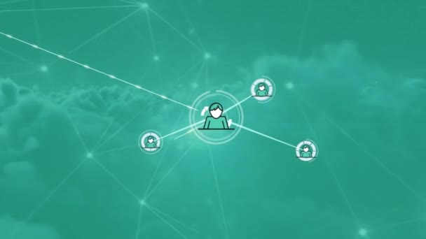Animation Network Connections Icons Moving Clouds Passing Green Sky Background — Stock Video