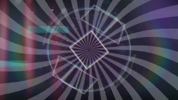 Animation de contours de formes géométriques se déplaçant avec halo coloré arc-en-ciel sur des taches scintillantes de lumière avec des rayures rayonnantes grises et noires en arrière-plan. Boucle transparente de mouvement numérique .