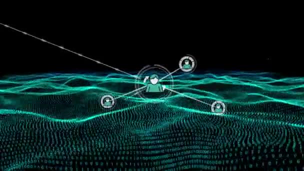 Animação Rede Conexões Ícones Que Movem Sobre Ondas Verdes Informações — Vídeo de Stock