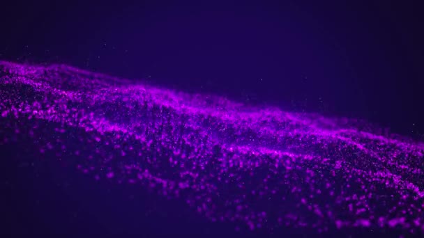 暗い紫色の背景に催眠動作でゆっくりと散乱複数の紫色の粒子のきらめきと輝く文字列のアニメーション 魔法の輝く光の組成 — ストック動画
