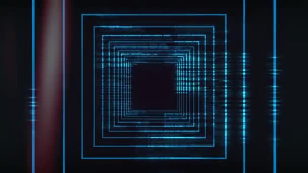 Animation de multiples contours bleus de galeries de carrés se déplaçant en répétition en mouvement hypnotique sur des projecteurs multicolores hors foyer sur fond sombre et lumineux. Boucle transparente de mouvement numérique .