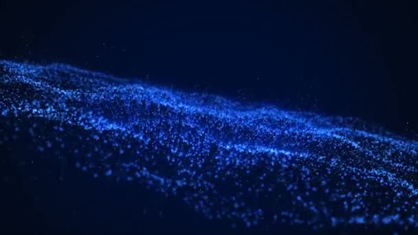 青い背景の催眠動作でゆっくりと散乱する複数の青い粒子のきらめきと輝く文字列のアニメーション 魔法の輝く光の組成 — ストック動画