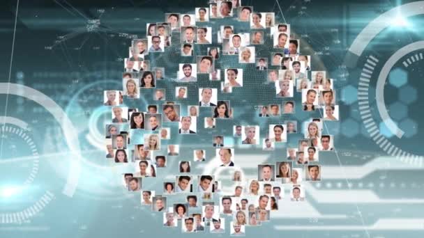 사업가와 사업가의 데이터 처리를 연결하는 디지털 네트워크를 파란색 배경으로 애니메이션 — 비디오