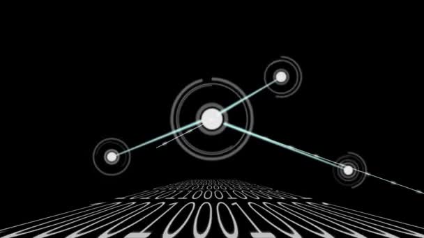 バイナリコーディング上を移動する接続とスポットのネットワークのアニメーションデジタルデータ処理と黒の背景でスクロール — ストック動画