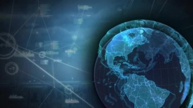Animation of network of connections and globe with cityscape on dark blue background 3d digital design composite video animation.