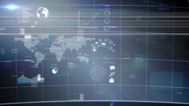 Dünya haritası ile veri işleme animasyonu, şebeke üzerinde titreşen yatay çizgiler ve karanlık arka plan. Küresel teknoloji 3d dijital tasarım kompozit video canlandırması.
