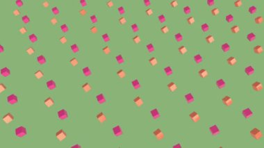Cool angular geometry design pattern style Animation of 3d pink and orange cubes moving in formation on green background 3d digital design composite video animation.