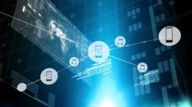 Akıllı telefon ve mavi arka planda ekranı olan müzik simgeleriyle veri işleme ve bağlantı ağının animasyonu. Genel Ağ.