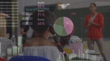 Ders sırasında okulda çok ırklı bir grup öğrenci ve onların bayan öğretmenlerinin animasyonu, sınıfın önünde duran öğretmen ön planda grafik ve istatistiklerle konuşuyor ve hareket ediyor.. 