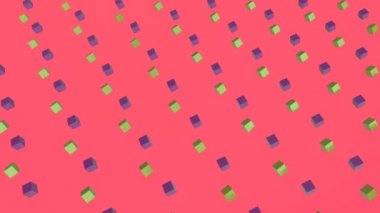 Cool color geometry design pattern style Animation of 3d purple and green cubes moving in formation on pink background 3d digital design composite video animation.