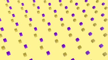 Cool angular geometry design pattern style Animation of 3d yellow and purple cubes moving in formation on yellow background 3d digital design composite video animation.