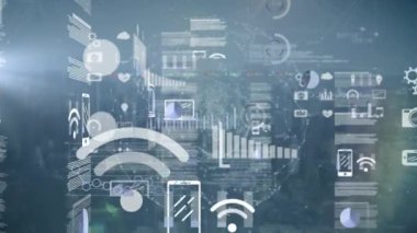Veri işleme, kapsam taraması, kablosuz bağlantı ve dünyanın gri arka planda dönmesi, küresel ağ 3d dijital tasarım kompozit video animasyonu.
