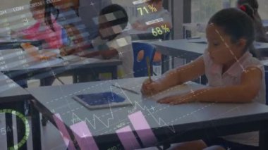 Ders sırasında çok ırklı bir grup öğrencinin ve onların okulda bayan öğretmenlerinin canlandırılması, çocukların yazması, öğretmenlerin ön planda gösterilen grafik ve istatistiklerle ilgili çalışmalarına yardım etmesi. 