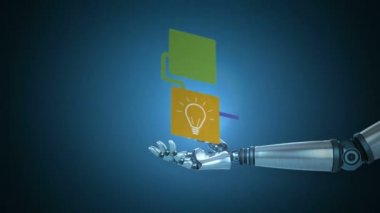 Akıllı telefon, posta, dizüstü bilgisayar ve mavi arka planda robot eli olan bilgisayar simgeleriyle bağlantı ağının animasyonu. Genel Ağ.