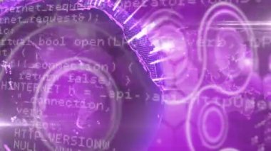 Animation of data processing, scope scanning and purple globe spinning on purple background 3d digital design composite video animation.