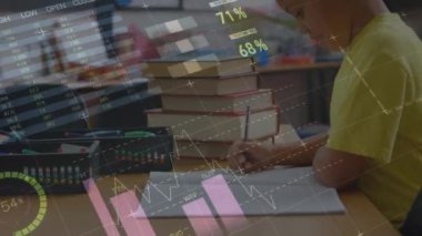 Ön planda grafikler ve istatistikler gösterilirken, karışık ırktan bir öğrencinin ders sırasında yazma ve konsantre olma animasyonu. 
