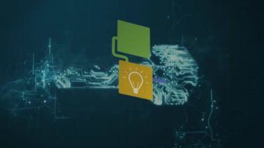 Akıllı telefon, posta, dizüstü bilgisayar ve bilgisayar simgeleriyle bağlantı ağının animasyonu. Koyu mavi arka planda devre kartı ve ışık izlerine yakın. Genel Ağ.