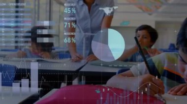 Okuldaki çok ırklı bir grup öğrencinin ve öğretmenlerinin ön planda gösterilen grafik ve istatistiklerle birlikte ders yazımları ve konsantrasyonu sırasında canlandırması. 