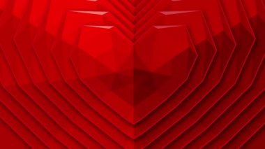 Animation of multiple angular red hearts appearing and disappearing on black background. Celebrating Valentines Day. 3d digital design composite video animation.