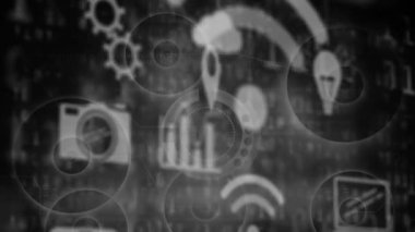 Konum animasyonu, kablosuz bağlantı, bulut ve kamera bilgisayar simgeleri siyah arkaplan üzerinde daireler ile veri işleme. Küresel teknoloji.