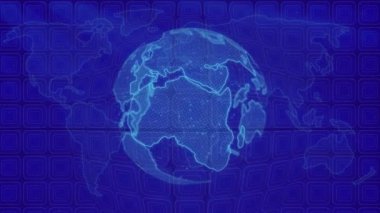 Animation of globe spinning on a distorted grid and dark blue background 3d digital design composite video animation.