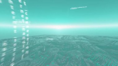 Turkuaz arka planda yatay parlayan çizgi ve şehir manzaralı veri işleme animasyonu. Küresel bağlantılar 3d dijital tasarım kompozit video canlandırması.
