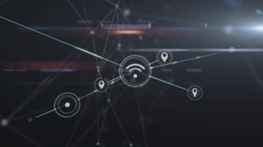 Parlayan siyah arkaplanda veri işleme ve kablosuz bağlantı ağı animasyonları ve kablosuz bağlantı simgeleri. Genel Ağ.