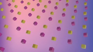 Serin açılı geometri tasarım biçimi 3d yeşil ve mor küplerin animasyonu gradyan pembeden mor arka plana doğru hareket eder