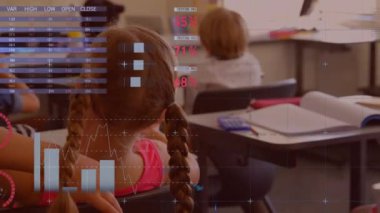 Ders sırasında ön planda grafikler ve istatistikler gösterilerek masalarında oturan çok ırklı öğrenci grubunun animasyonu.