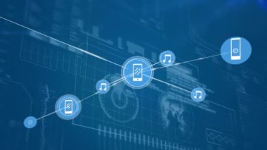 Ağ bağlantılarının animasyonu ve akıllı telefon ile veri işleme ve mavi arka planda ışık lekeleri olan müzik simgeleri. Genel Ağ.