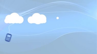 Asılı bilgisayar, akıllı telefon, dizüstü bilgisayar ve mavi arkaplanda satırları olan tablet bilgisayar simgelerinin yer aldığı dört beyaz bulut simgesinin canlandırması. 
