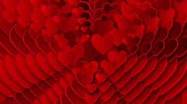 Animation of multiple red hearts appearing behind each other and disappearing on black background. Celebrating Valentines Day. 3d digital design composite video animation.