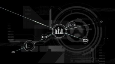 Siyah arkaplanda grafik ve dizüstü bilgisayar simgeleriyle veri işleme ve bağlantı ağının animasyonu. Küresel ağ. 3d dijital tasarım kompozit video canlandırması.