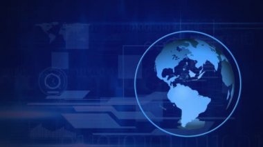 Animation of globe spinning and world map with scope on dark blue background 3d digital design composite video animation.