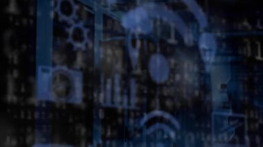 Konum animasyonu, kablosuz ağ alıcısı, bulut ve kamera bilgisayar simgeleri siyah arkaplan üzerinde veri işleme. Küresel teknoloji 3d dijital tasarım kompozit video canlandırması.