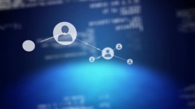 Mavi arkaplanda veri işleme ve insan simgeleriyle bağlantı ağının animasyonu. Küresel ağ. 3d dijital tasarım kompozit video canlandırması.