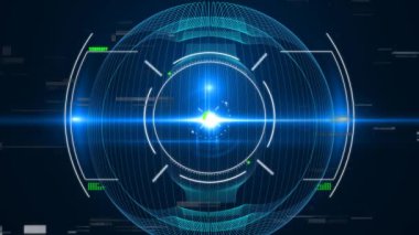 Kapsam taraması ve veri işleme animasyonunun koyu mavi arkaplanda yanıp sönen çizgilerle canlandırılması. Küresel teknoloji 3d dijital tasarım kompozit video canlandırması.
