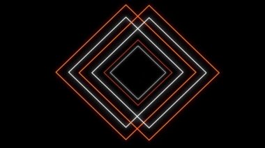 Siyah arkaplanda hareket eden beyaz ve turuncu renkli pırlanta geometrik şekillerin yanıp sönen neon çizgilerinin animasyonu. Uygunluk düzeni ve çalkantılı birlik kavramı.