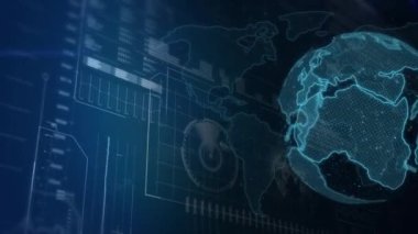 Animation of data processing and globe spinning on dark blue background 3d digital design composite video animation.