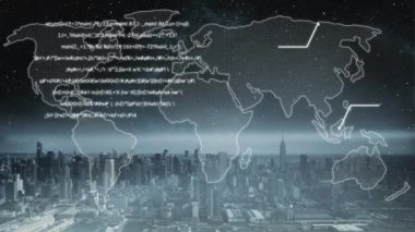 Animation of data processing and scanning with world map and cityscape on grey background 3d digital design composite video animation.