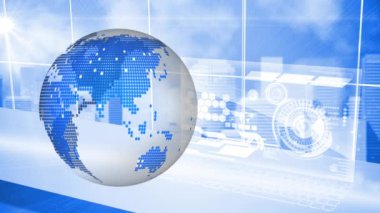 Animation of data processing and globe spinning with sky and clouds in the background 3d digital design composite video animation.