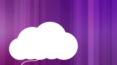 Sallanan ev, bilgisayar, akıllı telefon, ampul ve çizgili mor arkaplan üzerindeki tablet bilgisayar simgelerine sahip beyaz bulut simgeleri canlandırması. 