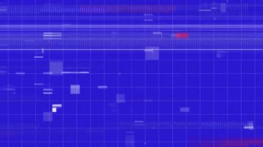 Animation of flickering horizontal lines and squares falling on white grid and blue background 3d digital design composite video animation.