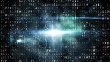 Siyah arkaplanda parlayan ikili kodlama ve veri işleme animasyonu. Küresel ağ 3d dijital tasarım kompozit video animasyonu.