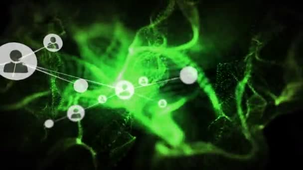 Animation du traitement des données et réseau de connexions avec les personnes icônes avec maillage vert brillant sur fond noir. Réseau mondial .