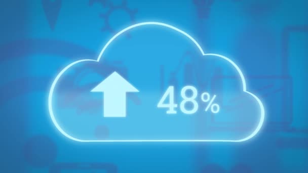 白い矢印を指す白い雲のアイコンのアニメーションと数字はゼロから青色の背景に無線Lanの受信 ラップトップコンピュータのアウトラインと百パーセントに成長します グローバルネットワークとクラウドコンピューティング — ストック動画