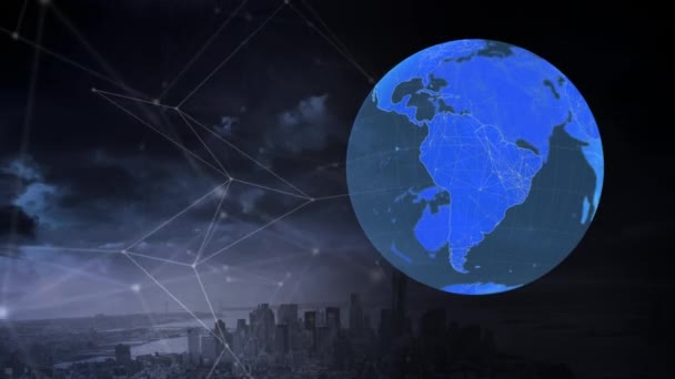 Animation Von Verbindungsnetzen Und Globus Mit Stadtbild Auf Dunkelblauem Hintergrund — Stockvideo