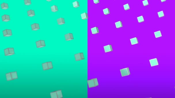 クールな角度幾何学的なデザインパターンスタイル紫と緑の背景に形成に移動する3D金属緑のキューブのアニメーション — ストック動画